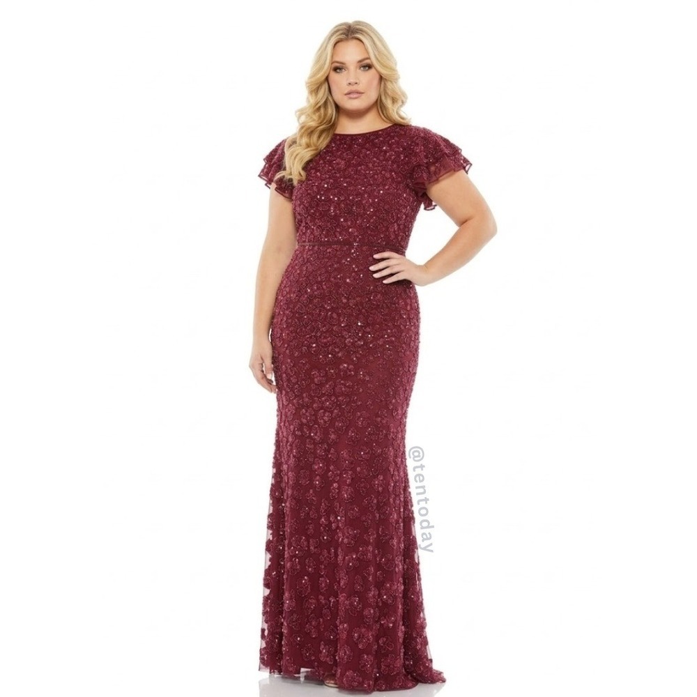 NWT Mac Duggal Size 18 Berry Pink Red Floral Beaded‎ Long Maxi Dress Gown